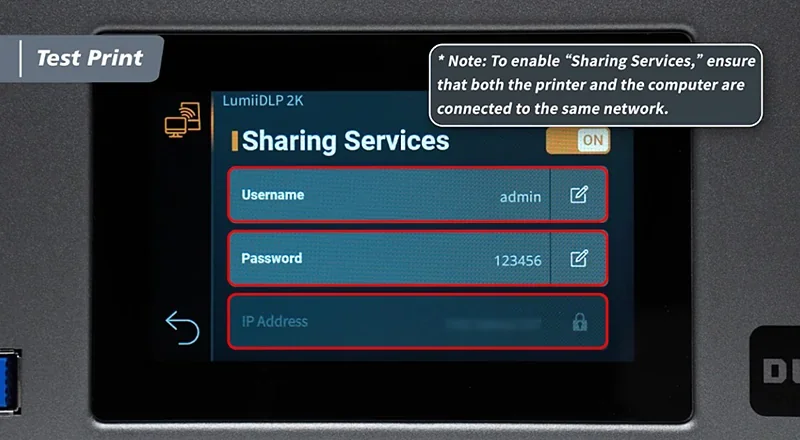 Phrozen Lumii DLP 2K 3D printer screen displaying sharing services setup with username "admin" and password, connected to a network.