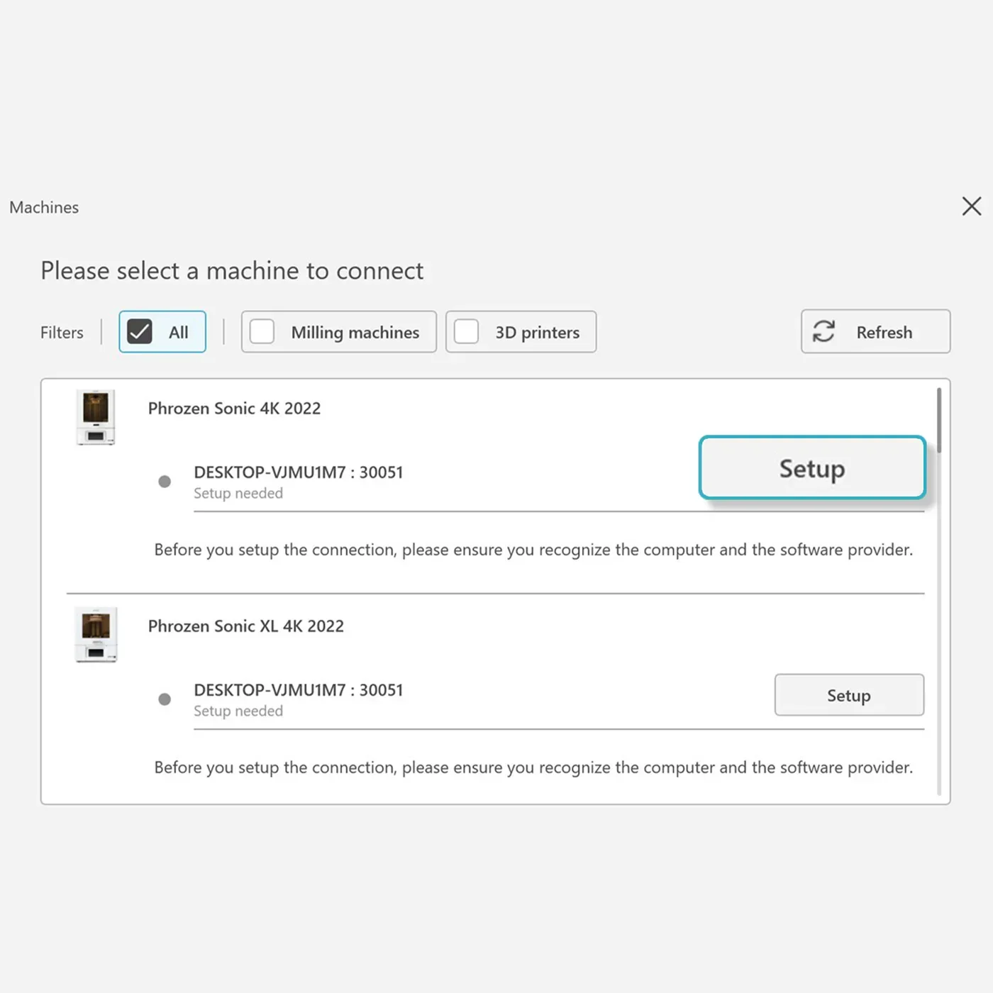 Interface for selecting machines, showing Phrozen Sonic 4K 2022 models ready to set up, amid filter options. No visible Phrozen Lumii DLP printer.