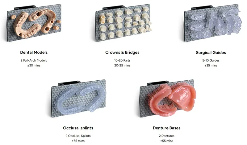 Phrozen Lumii DLP prints dental models, crowns, bridges, surgical guides, occlusal splints, and denture bases, showcasing precision and speed.