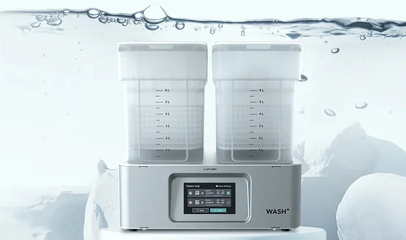 Phrozen Lumii DLP showcases dual-tank system with measurement markings, sleek design, digital display, and branding in a minimalistic water-themed setting.