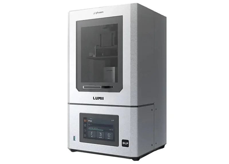 Phrozen Lumii DLP 3D printer in a sleek gray design with a front display panel, showcasing technical features and branding.