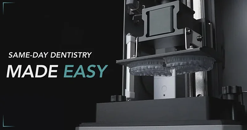 Phrozen Lumii DLP 3D printer producing dental models, with "Same-Day Dentistry Made Easy" text, showcasing precision and efficiency.