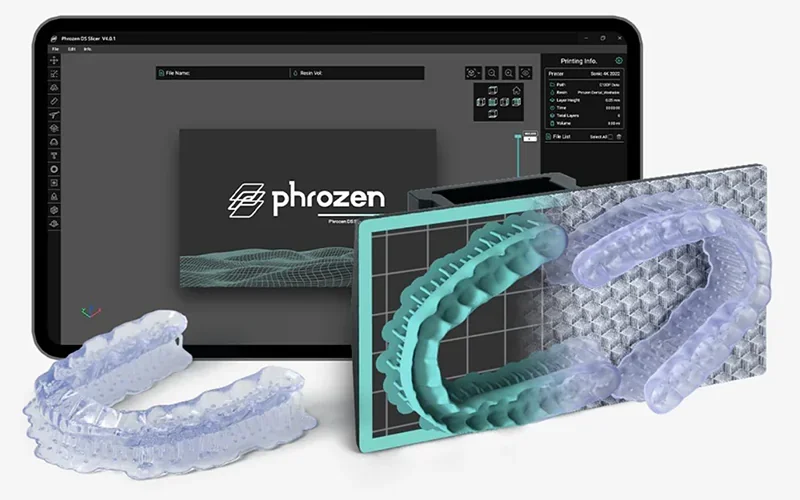 Phrozen Lumii DLP 3D printer interface displaying dental molds and a printed sample, featuring branding on a digital screen.