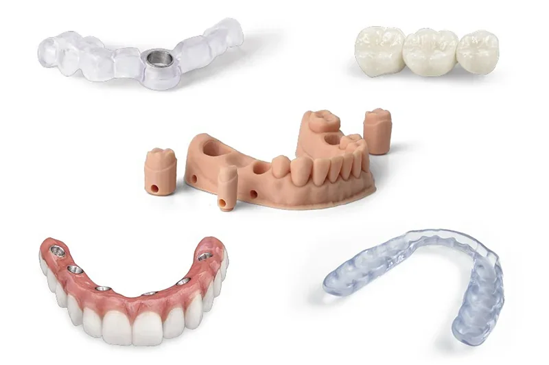 Dental models and fixtures created by Phrozen Sonic CS+ 3D printer, showing crowns, arches, and aligners in various materials, illustrating precision.