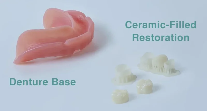 Phrozen Sonic CS+ 3D printed denture base and ceramic-filled restoration parts displayed on a white background.
