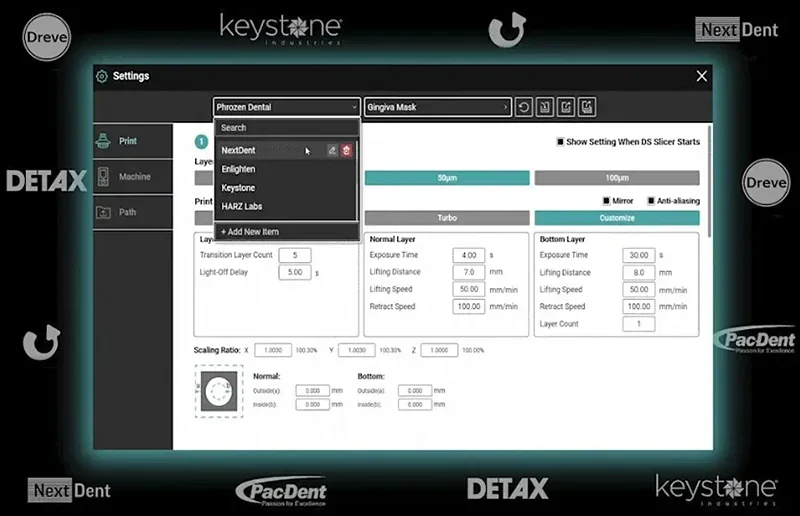 Phrozen Sonic CS+ settings interface with dropdown menu and printing parameters. Branding logos: Phrozen, NextDent, PacDent, DETAX, Dreve, Keystone.
