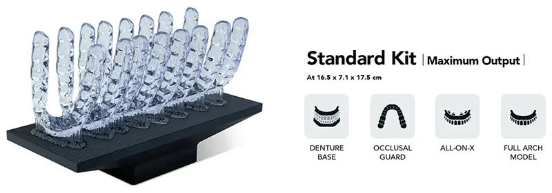 Phrozen Sonic CS+ creates clear dental aligners on a build plate, featuring denture base, occlusal guard, all-on-x, full arch model kits.