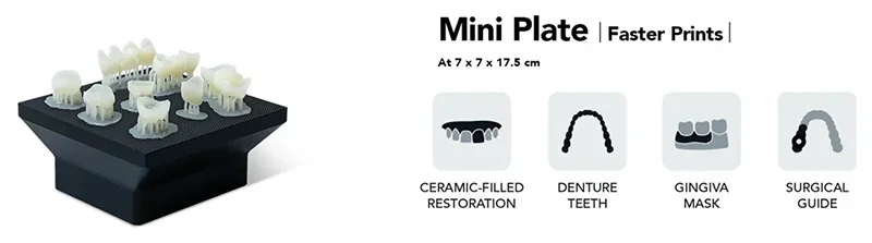Phrozen Sonic CS+ mini plate with 3D printed dental models, showing ceramic restorations, denture teeth, gingiva mask, and surgical guide.