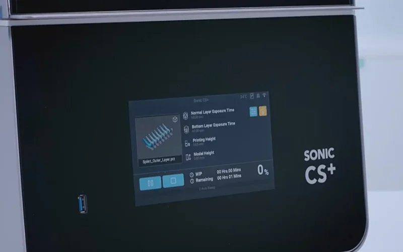 Phrozen Sonic CS+ screen displaying print settings and model preview, highlighting the printer's interface in a sleek black and white design.