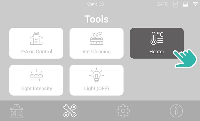 Interactive menu for Phrozen Sonic CS+ 3D printer shows tools like Z-Axis Control, Vat Cleaning, Heater, Light Intensity, and Light Off.