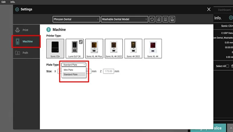 Settings interface for Phrozen Sonic CS+, showing printer types, plate selection options, and dimensions. Highlighted items emphasize configuration choices.