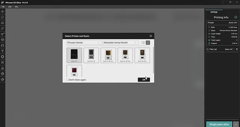 Phrozen Sonic CS+ 3D printer interface displays resin selection for printing models, with options for dental use, and the OK button highlighted.