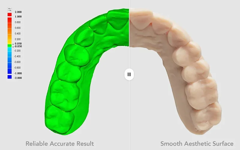 Phrozen Sonic CS+ renders dental model comparison; left shows color accuracy analysis, right displays smooth surface. Reliable accurate results.