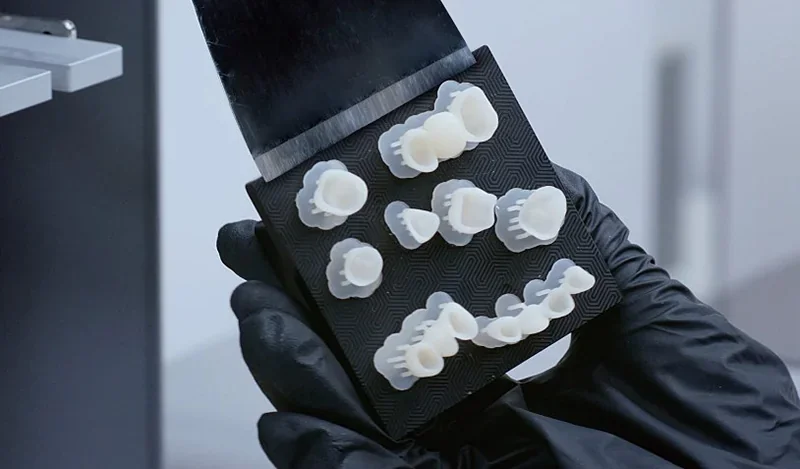 Phrozen Sonic CS+ prints detailed dental models on a black build plate, held by a gloved hand in a workshop setting.