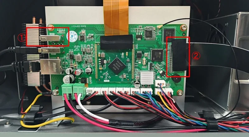 Phrozen Sonic CS+ printer's internal circuitry with labeled connections and colorful wiring, showcasing detailed electronic components and assembly elements.