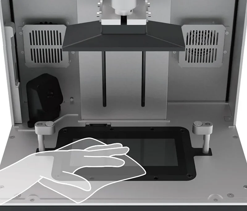 Phrozen Sonic CS+ 3D printer interior, showing build platform, resin tank, and schematic hand indicating user interface interaction.