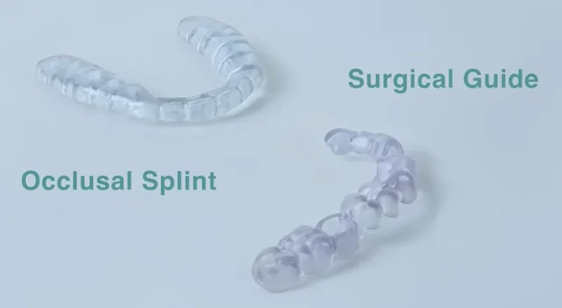 Phrozen Sonic CS+ 3D printed occlusal splint and surgical guide on a light background.