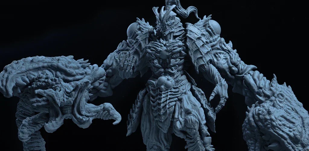 Detailed sculpt of a mythical monster 3D printed by Phrozen Sonic Mega 8K, showcasing intricate textures and sharp features against a dark background.