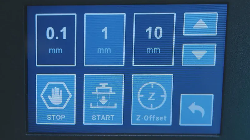 Phrozen Sonic Mega 8K touchscreen interface showing millimeter adjustments, start, stop, and Z-offset buttons in a blue digital display.