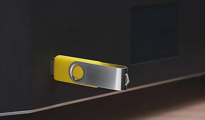 USB flash drive plugged into the Phrozen Sonic Mega 8K 3D printer, highlighting connectivity feature on black casing.