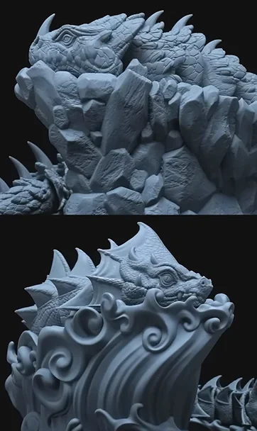 Detailed dragon sculptures with rocky and wave textures, created by Phrozen Sonic Mega 8K 3D printer, showcasing precise, intricate design.