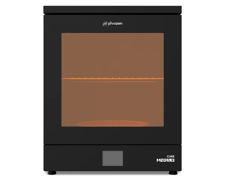 Phrozen Sonic Mega 8K 3D printer in black, transparent front shows interior. Branding visible, professional design, tailored for precise 3D printing.