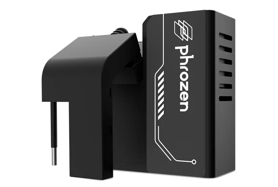 Phrozen Sonic Mega 8K 3D printer accessory, sleek black design with branding on the side, showing intricate modern details and vent openings.