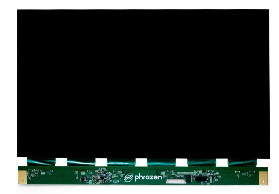 Phrozen Sonic Mega 8K display panel with green circuit board, showcasing detailed electronics and branding; used in creating high-resolution 3D prints.