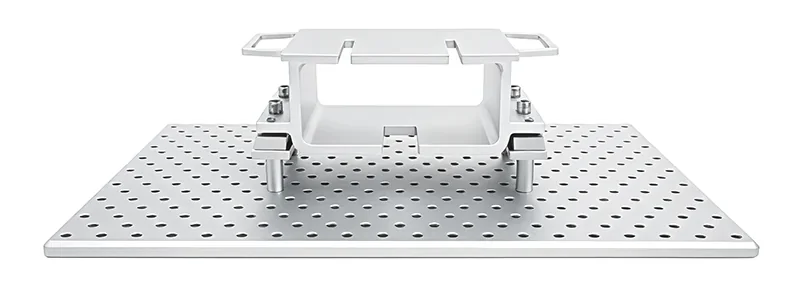 Phrozen Sonic Mega 8K build platform with perforations and metal supports, designed for 3D printing large, detailed models efficiently.