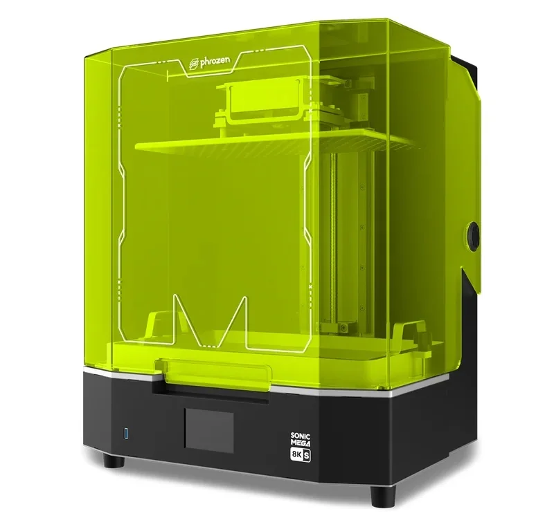 Phrozen Sonic Mega 8K 3D printer with a transparent yellow cover displaying internal components, sleek black base, and visible branding.