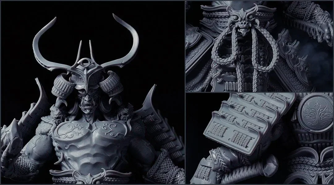 Phrozen Sonic Mega 8K V2 prints detailed samurai figure with intricate armor and horns, showcasing high precision 3D printing capabilities.