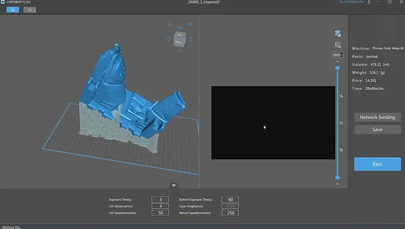 Phrozen Sonic Mega 8K V2 software interface showing 3D model blueprint, settings, and statistics for resin 3D printing preparation.