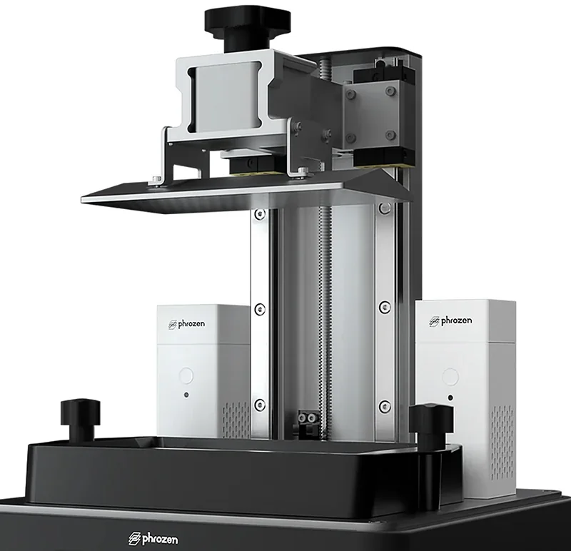 Phrozen Sonic Mega 8K V2 3D printer with open metal frame, dual guide rails, and visible branding elements.