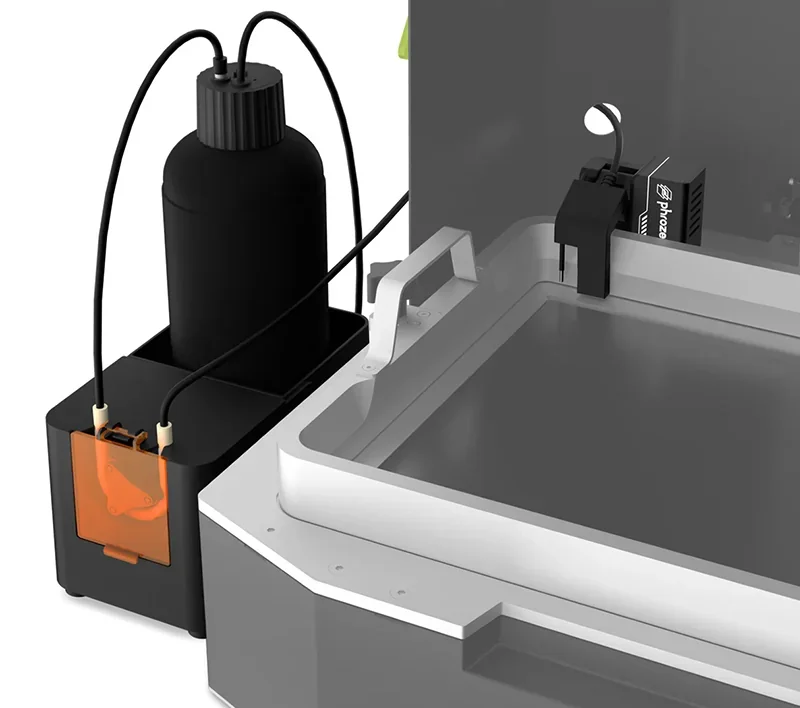 Phrozen Sonic Mega 8K V2 with resin container and print tray setup, showcasing detail and design for high-resolution 3D printing.