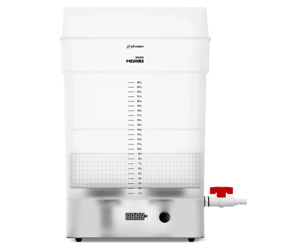 Phrozen Sonic Mega 8K V2 wash station with transparent tank, volume markings, digital display, and red valve for 3D printing cleaning setup.