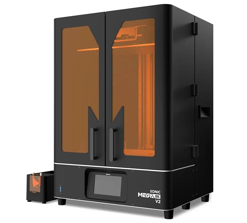 Phrozen Sonic Mega 8K V2 3D printer with sleek black design, dual orange-tinted doors, touchscreen, and branding, showcasing advanced printing technology.