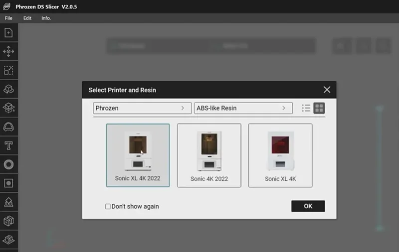 Phrozen DS Slicer interface selecting 3D printer model Sonic XL 4K Plus, showing different options and settings for resin, with brand logo visible.