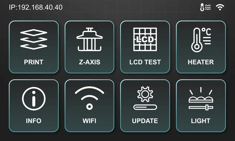 Phrozen Sonic XL 4K Plus touchscreen interface displaying print, z-axis, LCD test, heater, info, WiFi, update, and light options.