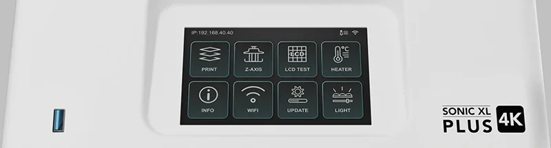 Phrozen Sonic XL 4K Plus touchscreen interface with print, Z-axis, LCD test, heater, info, WiFi, update, light icons. Branding on the right.