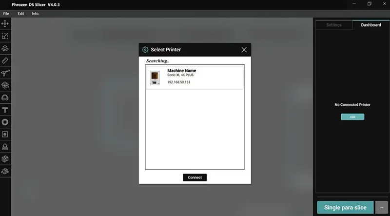 Phrozen DS Slicer software interface displays Sonic XL 4K Plus 3D printer connection screen with machine details and connection status.