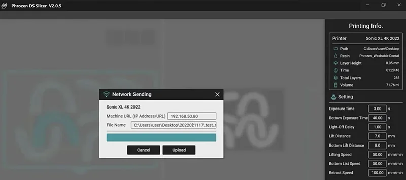 Phrozen Sonic XL 4K Plus 3D printer UI displaying network settings and print details, including layer height and volume, on screen.