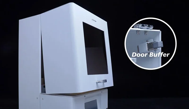 Phrozen Sonic XL 4K Plus 3D printer with highlighted door buffer feature, showcasing its sleek design against a dark background.