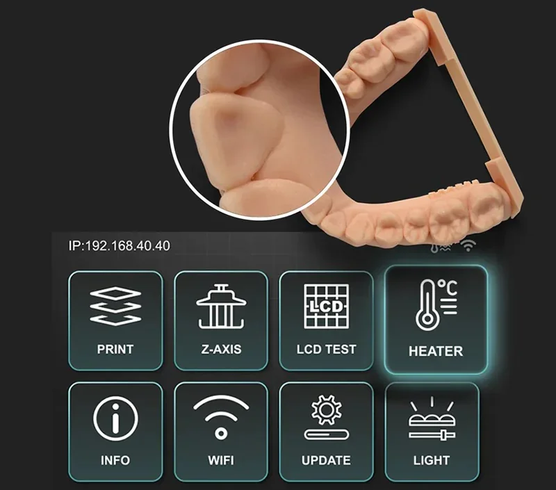 Phrozen Sonic XL 4K Plus; dental model creation with highlighted tooth; interface buttons for print, z-axis, LCD test, heater, info, wifi, update, light.