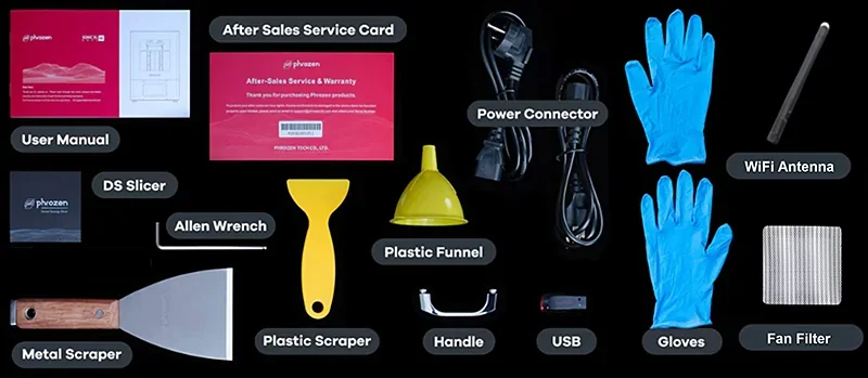 Phrozen Sonic XL 4K Plus accessories arranged on black: manual, scrapers, gloves, funnel, connectors, USB, antenna, filter, and service card.