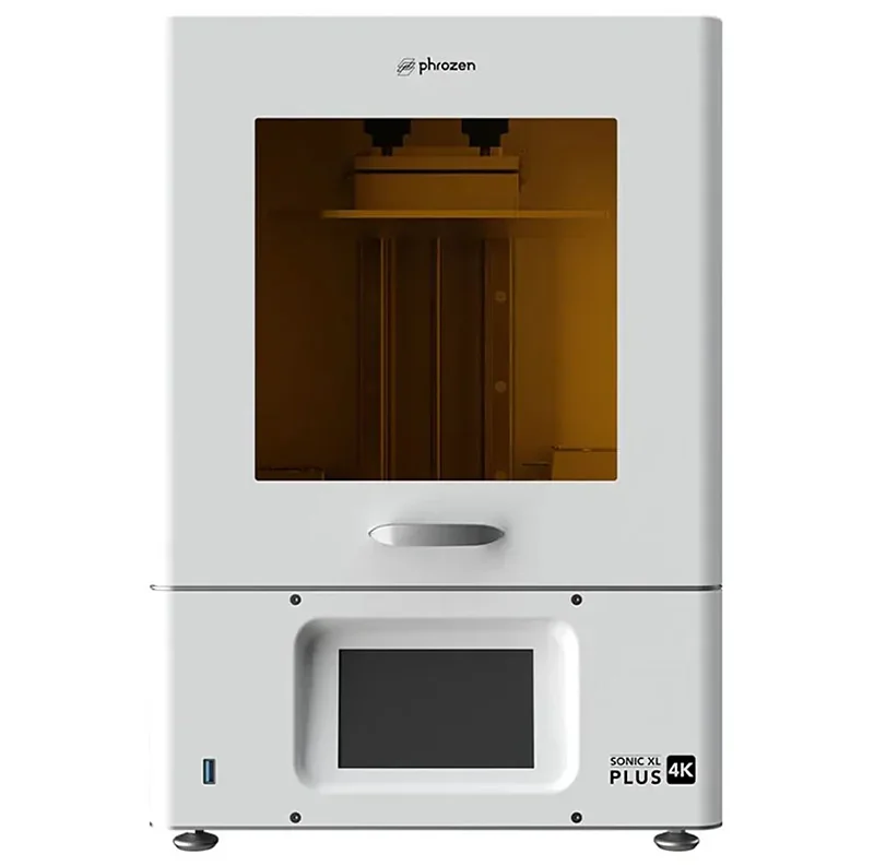 Phrozen Sonic XL 4K Plus 3D printer with a white frame, transparent door, and touchscreen control panel, suitable for high-resolution resin printing.