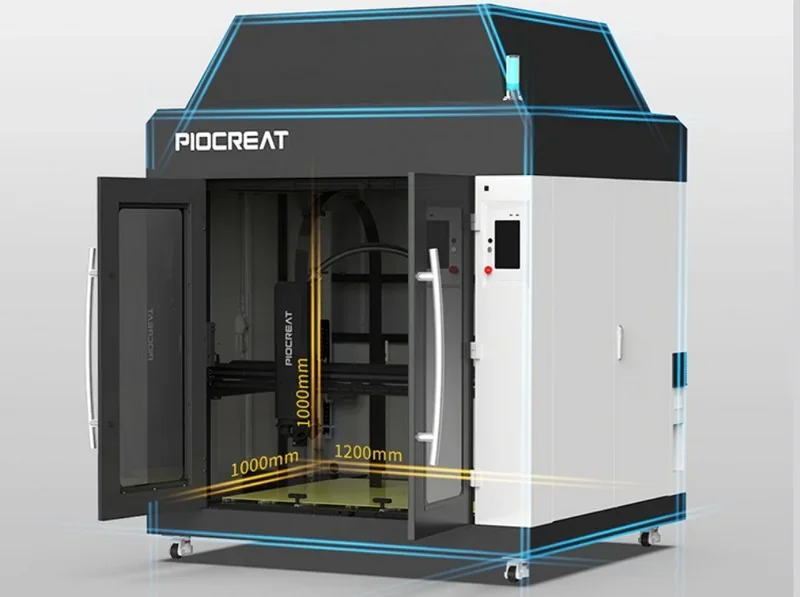 Piocreat G12 3D printer with open doors, showcasing large interior dimensions of 1000mm x 1200mm; branding visible on the exterior.