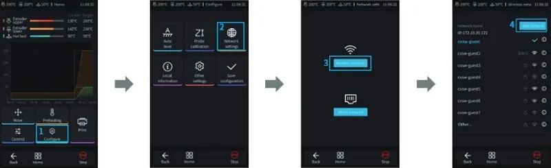 Piocreat G12 3D printer interface shows step-by-step network setup process with configuration screens and Wi-Fi connection options.