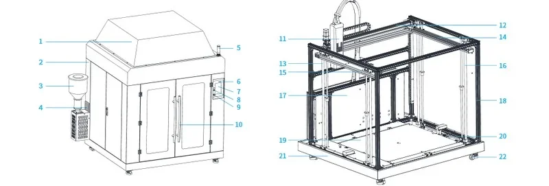 Diagram of Piocreat G12 3D printer showing its enclosed structure and detailed internal frame components with labeled parts for clarity.