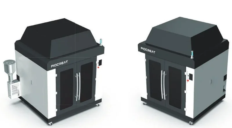 Piocreat G12 3D printer with dual large cabinets, sleek black and white design, visible branding on the front, suitable for large-scale manufacturing.