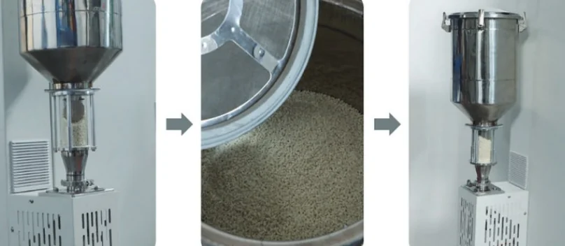 Piocreat G12 3D printer with two views, hopper filled with granules, and close-up of material inside chamber, showing printing process elements.